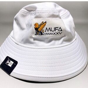 New Era MUFA MMXXV White Bucket Hat Griffin Patch Adjustable Chin Strap M/L